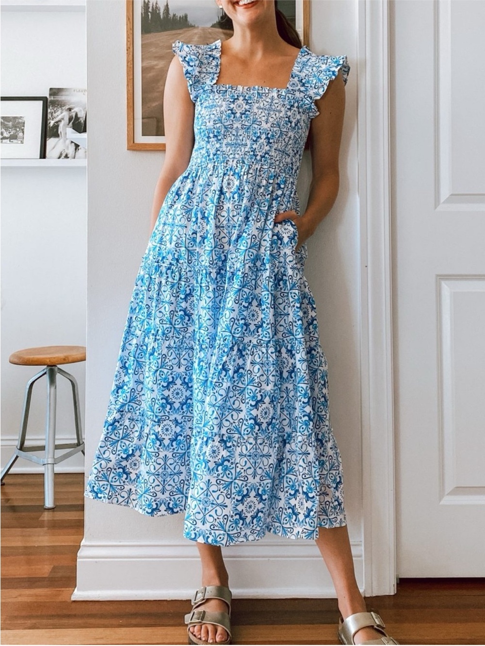 Hill House Home Blue Tile Print Smocked Midi Dress – Size Medium - Picture 5 of 16